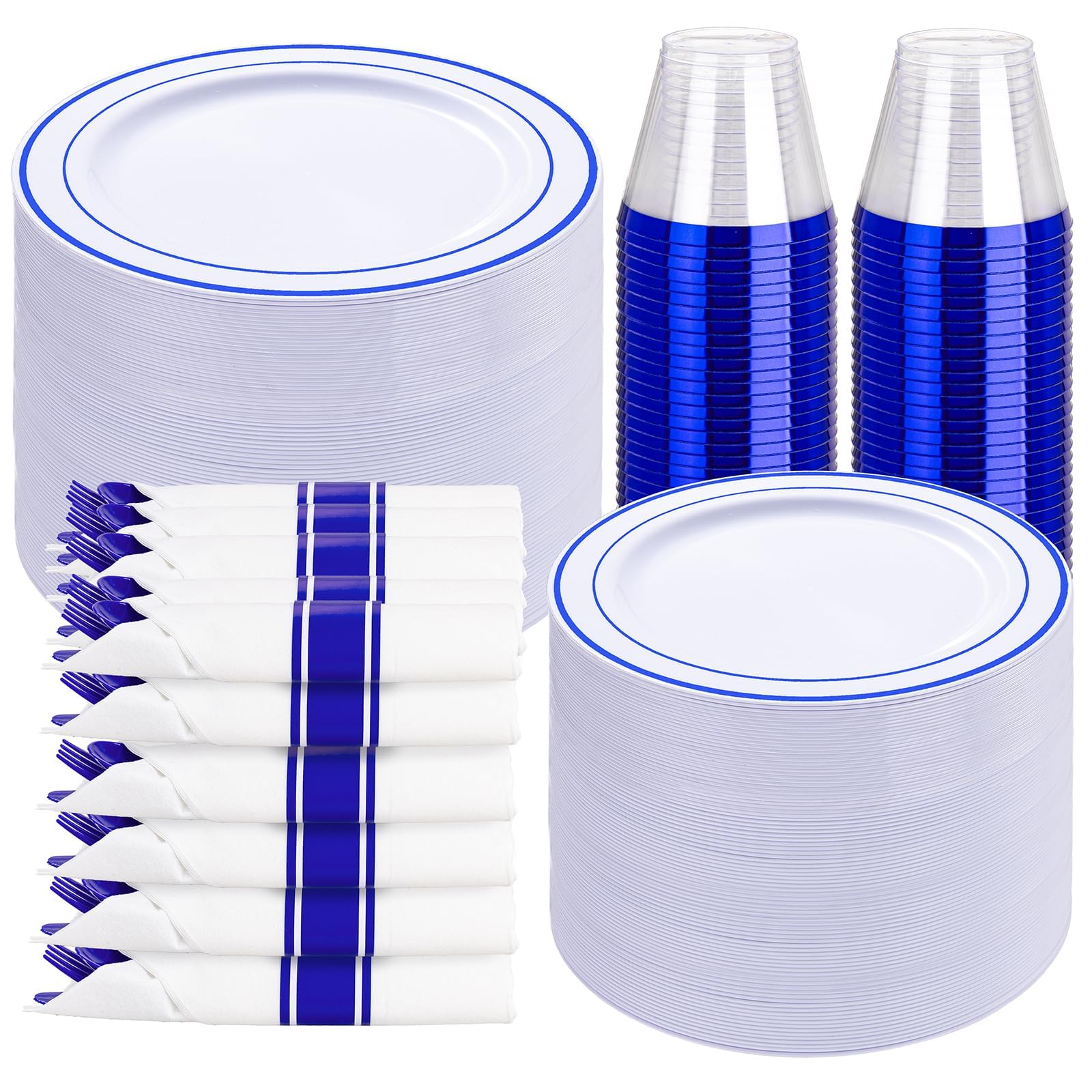 WELLIFE 350 Pcs Blue Plastic Plates for 50 Guests - Plastic Dinnerware Set,Party Supplies Includes 100 blue plates,150 Silverware,50 Napkins,50 Cups,Blue and White Plates Image
