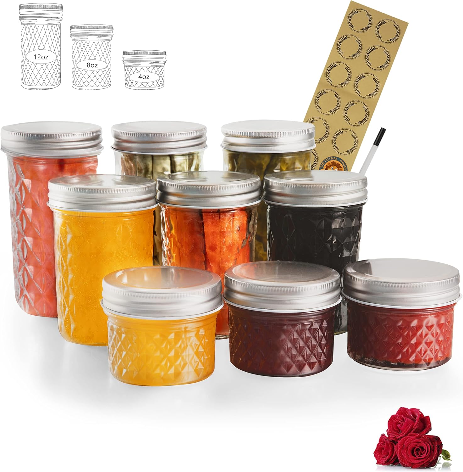 LovoIn Mason Jars Canning Jars, Jelly Jars With Regular Lids, Ideal for Jam, Honey, Wedding Favors, Shower Favors, Baby Foods, DIY Magnetic Spice Jars, 4 OZ x 3, 8 OZ x 3, 12 OZ x 3: Home Improvement