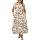 Nemidor Womens Plus Size Boho Ditsy Floral Print Casual Smocked Flared Maxi Long Dress with Pocket