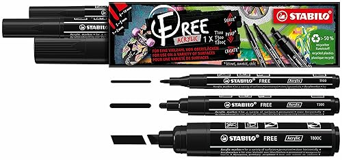 STABILO Acrylic Marker FREE Acrylic - Mixed Tip Set of 3 - Black