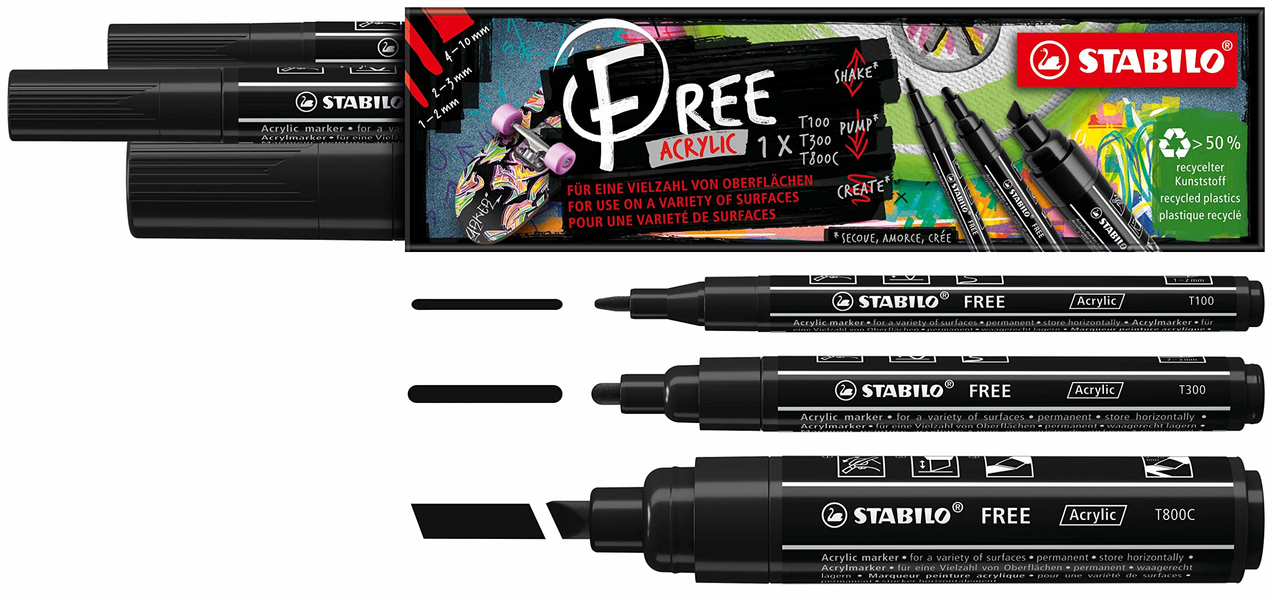STABILO Acrylic Marker FREE Acrylic - Mixed Tip Set of 3 - Black