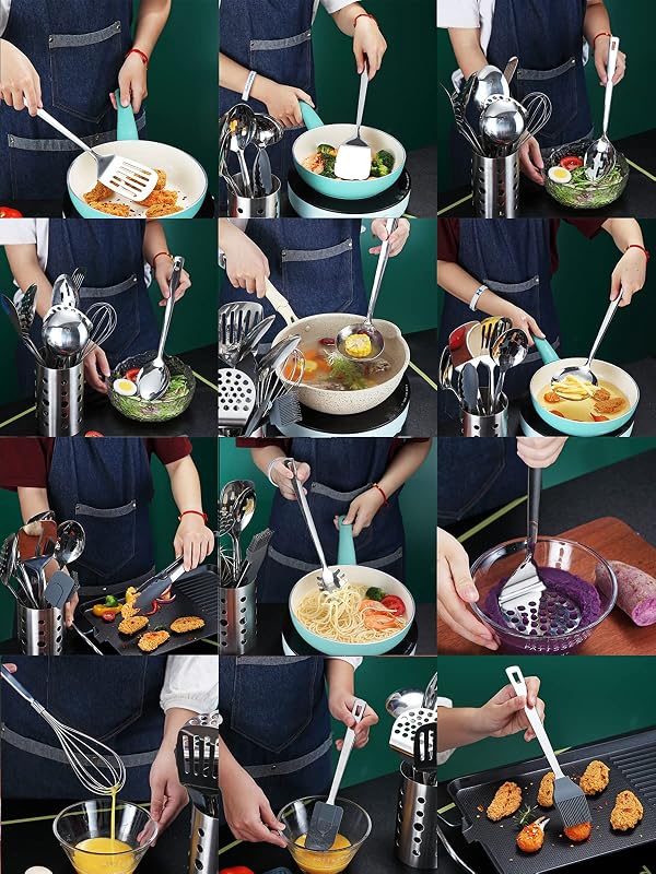 EdelstahlKüchenutensilien Set 37 teiliges, Küchenhelfer Set, Küchenwerkzeug Set mit Utensilienhalter, Kochlöffel Set Spülmaschinenfest — Foto 7 von 8