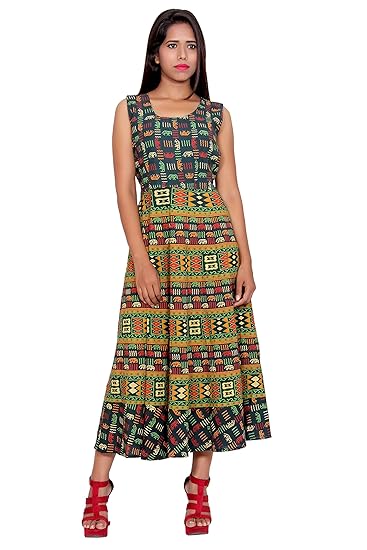 Jaipuri Abstract Print Long Cotton Maxi Dress for Women and Girls in Free Size (Green, Up to S-XXL)