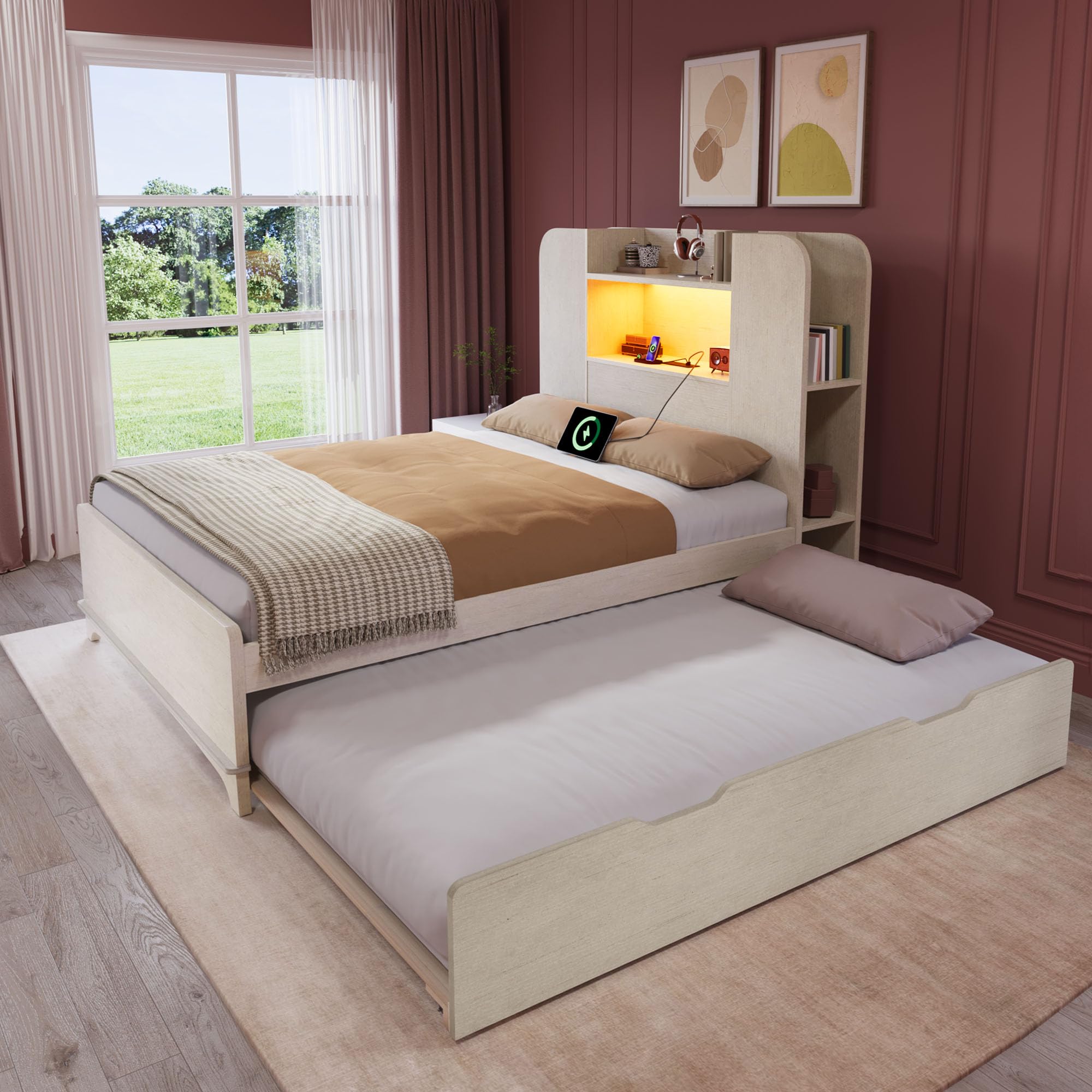 Photo 1 of ***FOR PARTS***DWVO Twin Size Bed with Trundle, Bookcase Bed Frame with Storage Headboard and Charging Station, RGB LED Lights Bed with Wooden Support with Type-C, No Box Spring Needed, Noise Free, White