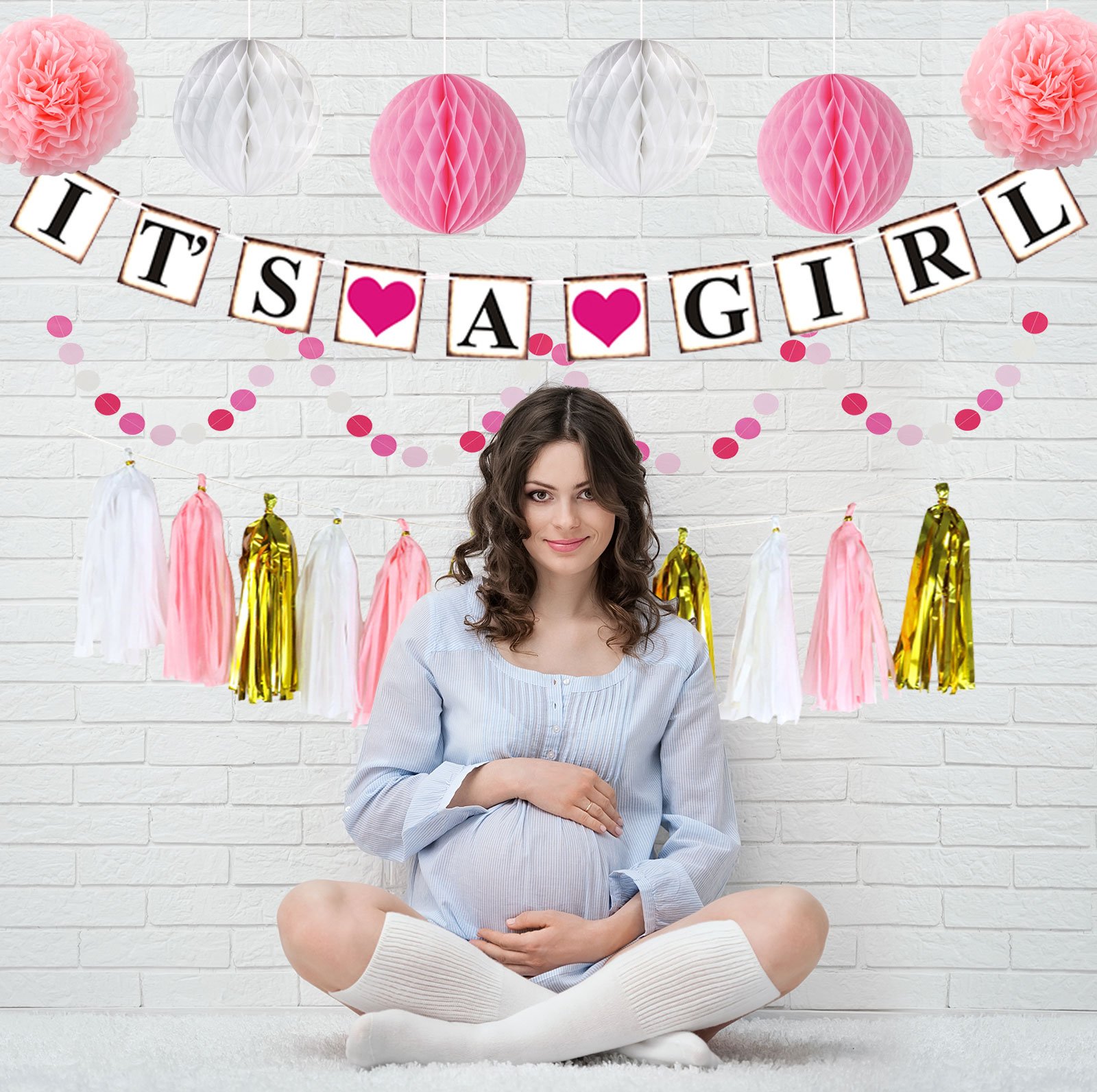 YoTruth Pink Baby Shower Decorations for Girl Paper decorations Set with It\'s a Boy Banner Pom poms Flowers Honeycomb paper Balls Tassels feet dot garland