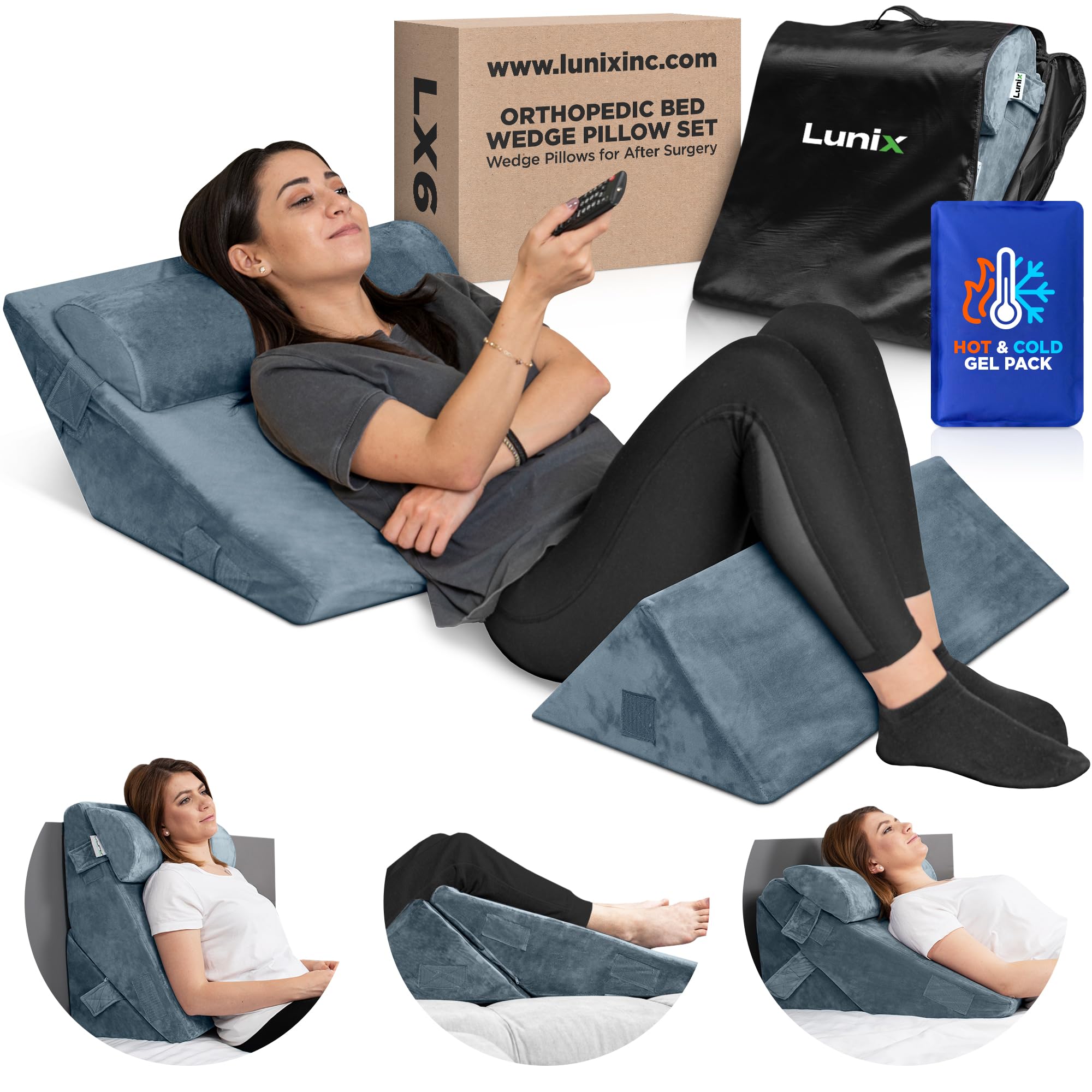 Photo 1 of **missing parts*****Lunix 3pcs Orthopedic Bed Wedge Pillow Set, Post Surgery Memory Foam for Back, Leg, and Knee Pain Relief, Adjustable Sitting Pillow for Sleeping, Acid Reflux, and GERD, with Hot Cold Pack, Navy