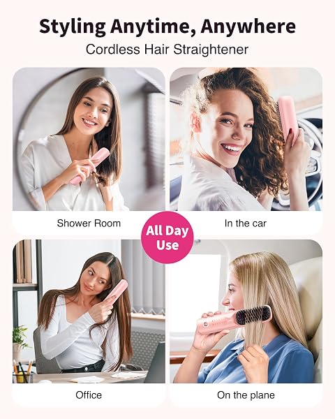 CORDLESS HAIR STRAIGHTENER BRUSH – PORTABLE HAIR STRAIGHTENING BRUSH FOR TRAVEL – 300M NEGATIVE IONS FOR FRIZZ-FREE SHINE, TOUCH UP ON-THE-GO, FAST HEATING, GIFT FOR WOMEN, 10,000MAH, POWDER PINK