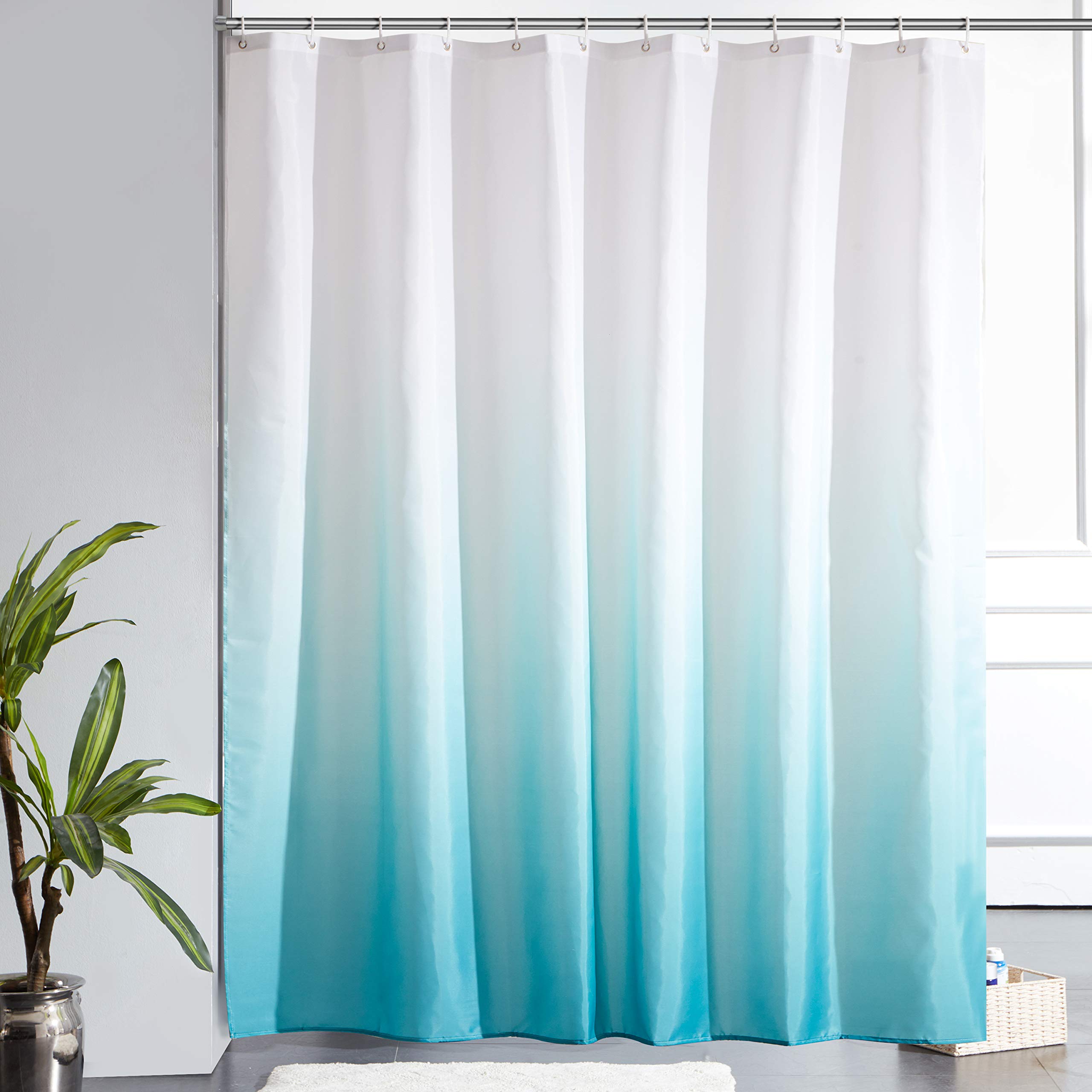Furlinic Shower Curtains for Bathroom Mould Proof Resistantand 78x78 Inch Polyester Fabric Bath Curtain Waterproof Washable with 12 Hooks for Wetroom White to Turquoise 200x200cm.