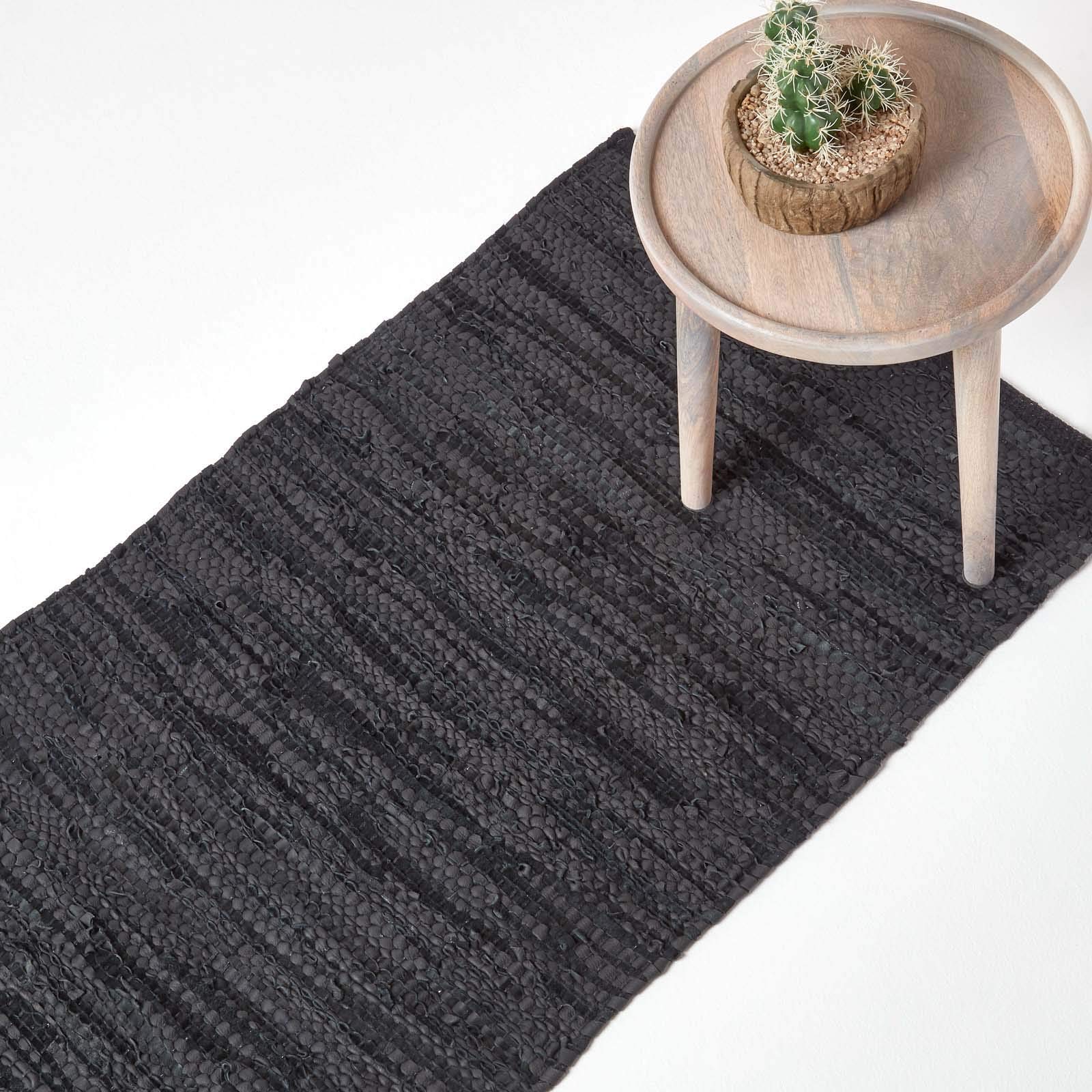 HOMESCAPES Leather Runner Denver Black 66x200cm Recycled Eco Friendly 100% real leather rug Hall Runner