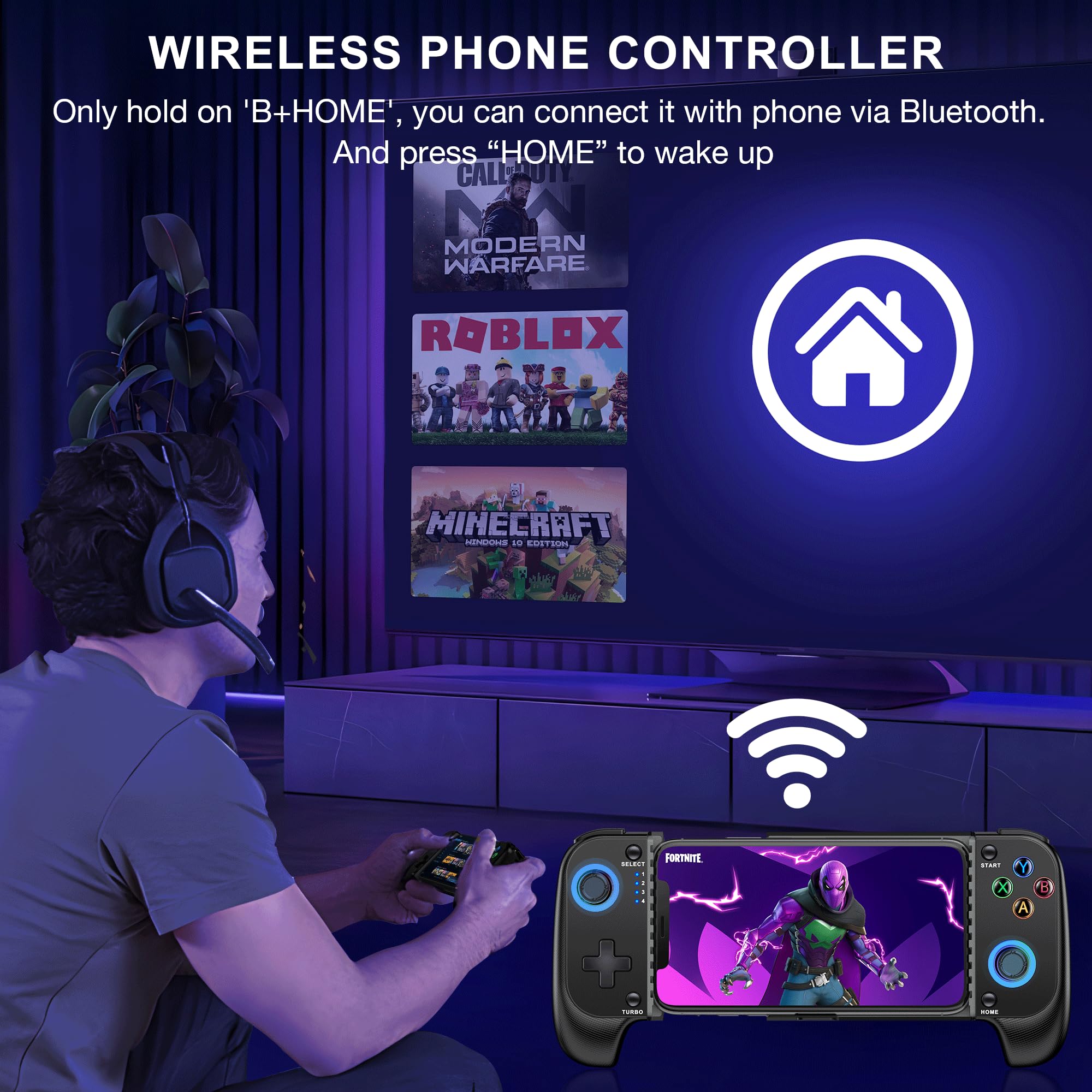 Wireless Phone Controller for iPhone/Android with Hall Joystick, Moblie Controller for iPhone Support Xbox Game Pass, Steam Link, Call of Duty, Roblox, Android & iPhone Game Controller