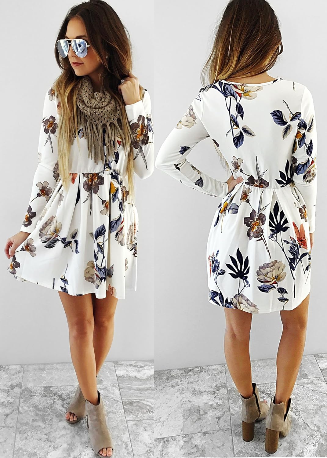 Angashion Womens Dresses Casual Floral Print Long Sleeve Swing Pleated Skater A Line Mini Dress at  Women’s Clothing store