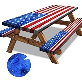 American Flag Picnic Table Cover with Bench Covers Set Wood Texture Waterproof Windproof Camping Rectangle Tablecloths Fitted Picnic Table Cover for Outdoor,Picnic,Camping (Red, 3pcs-72" x 30")
