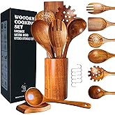 SILIN 8 Pcs Wooden Spoons for Cooking - Wooden Utensils Set for Nonstick Pans &Cookware - Wooden cooking utensils with Rest, Utensil Holder and Hooks - Non Toxic, and Heat Resistant Teak Wooden Spoons