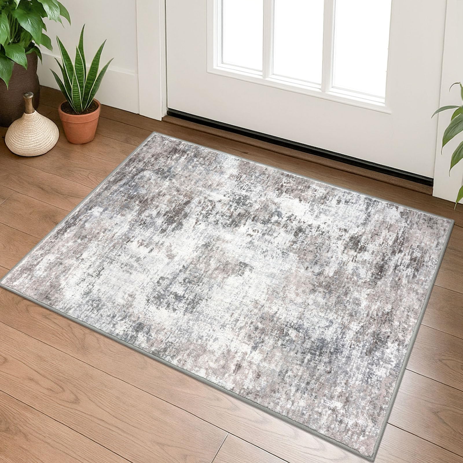 Lansny Small Abstract Area Rug 2x3 Entryway Rug Washable Door Mat Indoor Entrance, Washable Throw Rugs Non-Slip, Soft Beige Grey Kitchen Rugs Thin Print Faux Wool Floor Carpet for Foyer Front Door