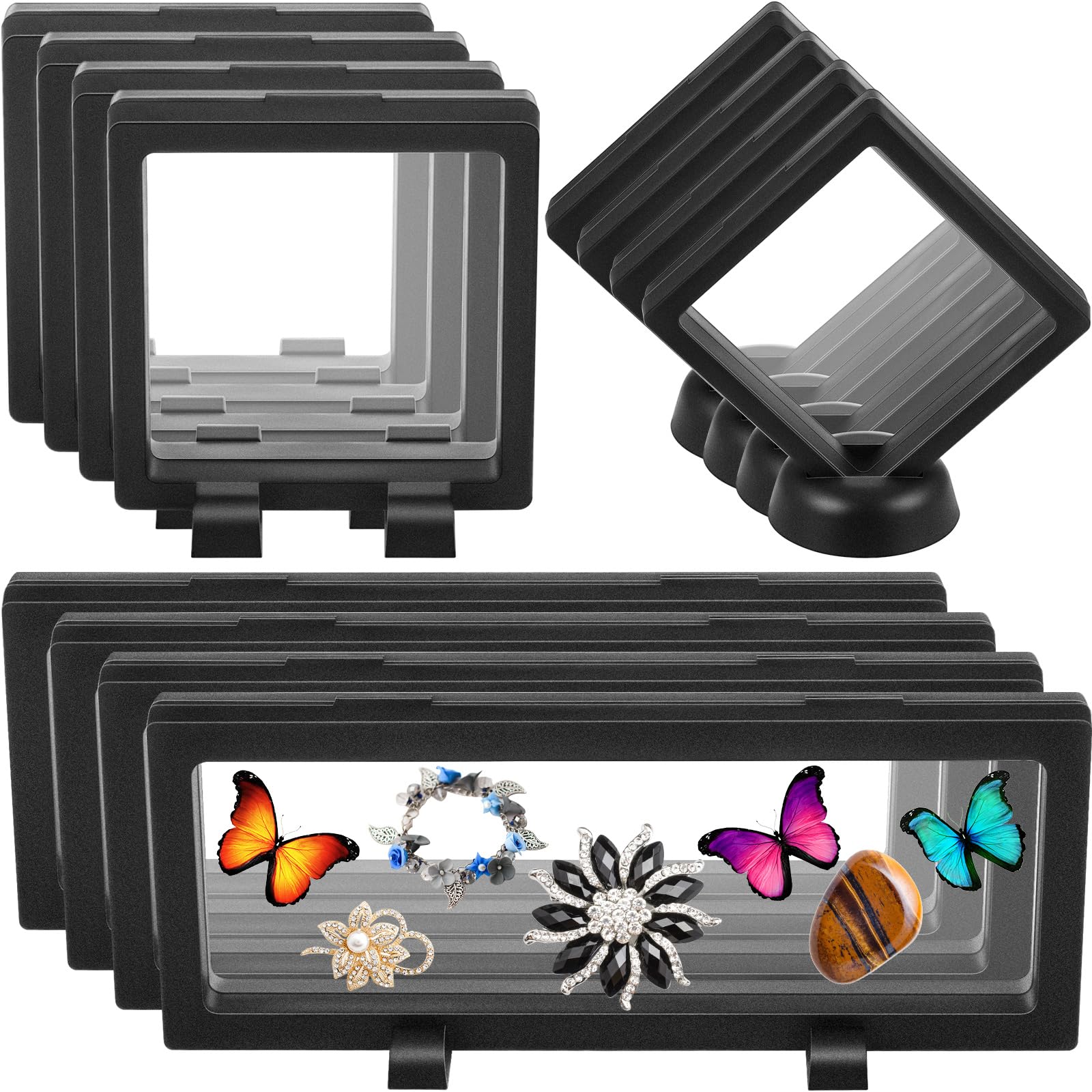 Photo 1 of Harloon 12 Pcs 3D Floating Display Case Floating Frame Display Holder Stands Challenge Coin Jewelry Frame Box for AA Medallions Fossil Rock Gemstones Specimen(Black,Multiple Sizes,Multiple Base)