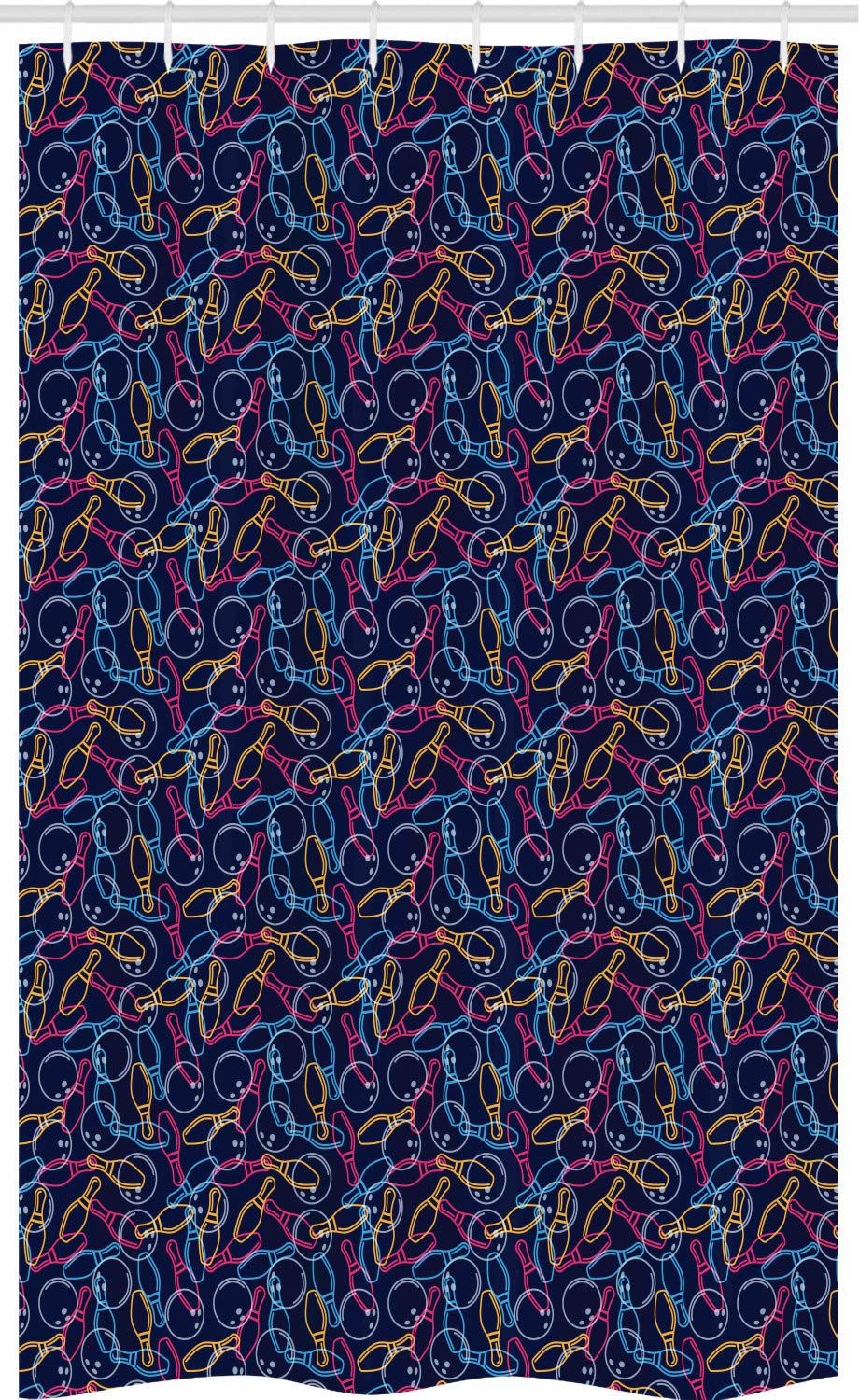 ABAKUHAUS Bowling Stall Shower Curtain, Balls Pins and Shoes in Vibrant Colored Outline Style Fun Hobby Activity Theme, Fabric Bathroom Decor Set with Hooks, 47" x 70", Pink Blue
