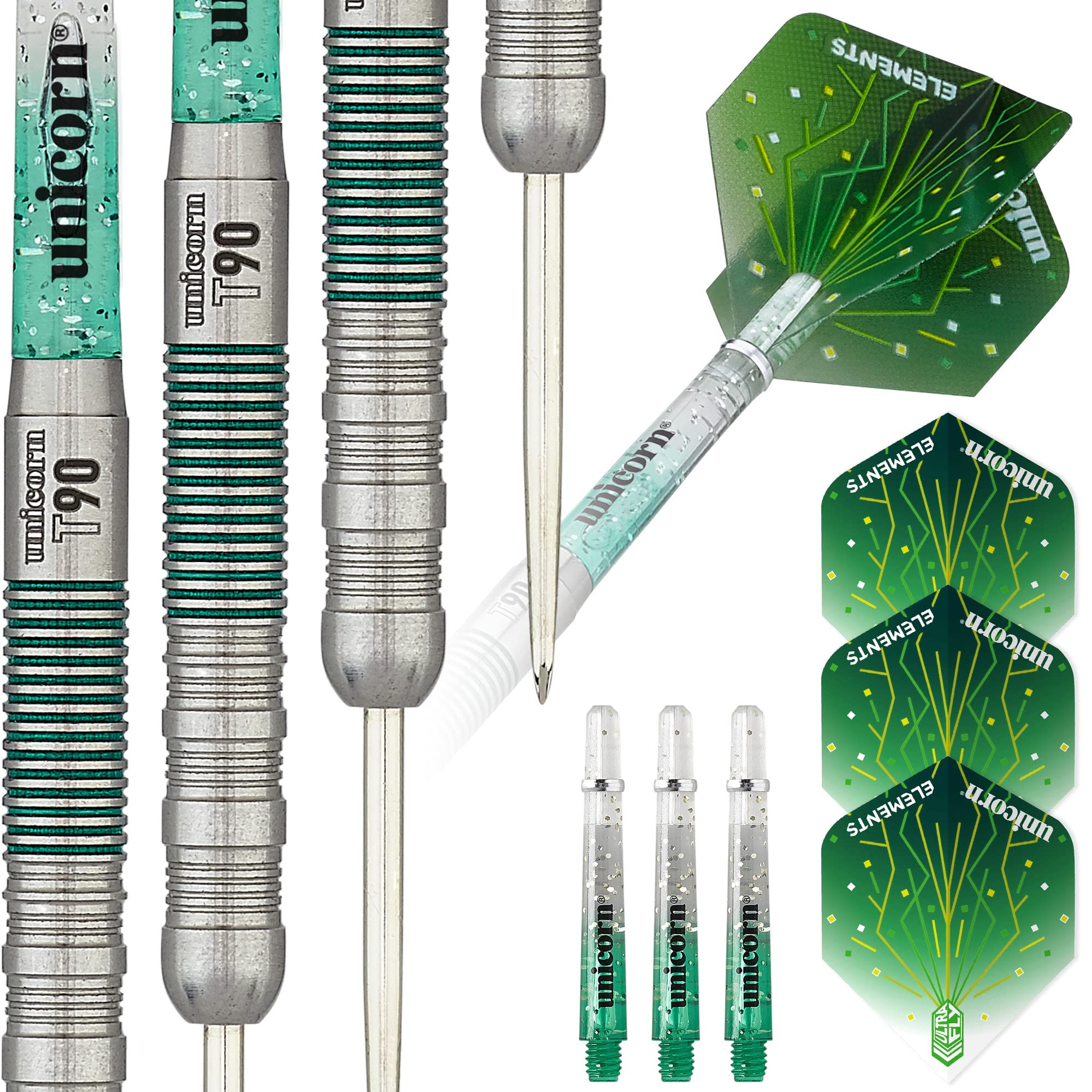 Unicorn Steel Tip Professional Darts Set | Core T90 Series Style 1 | 90% Tungsten Barrels with Green Accents | 25 g