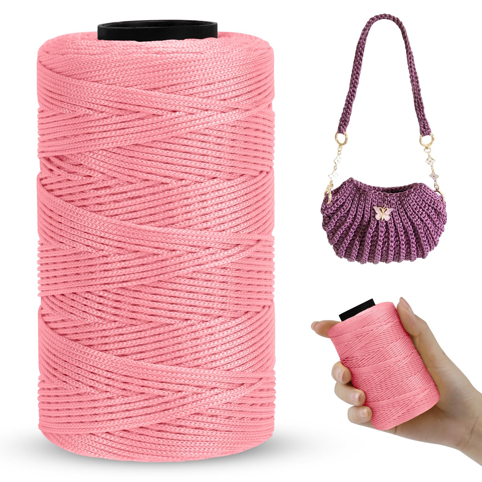 LEREATI Polyester Macrame Cord 1mm x 230m Polyester Yarn for Crocheting Braided Polypropylene Cord Crochet Bag Cord Macrame Yarn for Crocheting, Handbag, Beading, DIY Crafts (Apricot Pink)