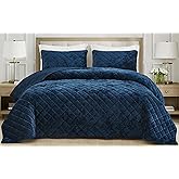 Chezmoi Collection Lux Navy Blue Velvet Quilt Oversized King Set, 3-Piece Plush Distressed Velvet Bedding All Season Lightweight Comforter Brushed Microfiber Reverse with Diamond Stitch Quilting
