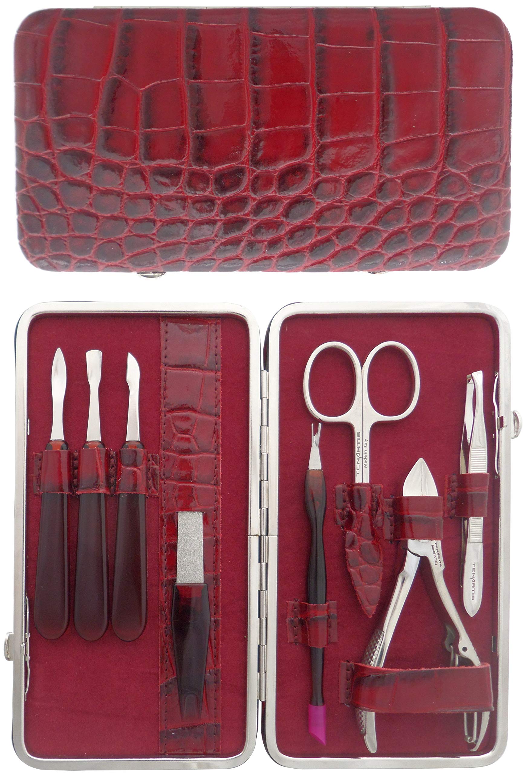 Tenartis 302 8-Piece Burgundy Shiny Croco Genuine Leather Manicure & Pedicure Set - Made in Italy