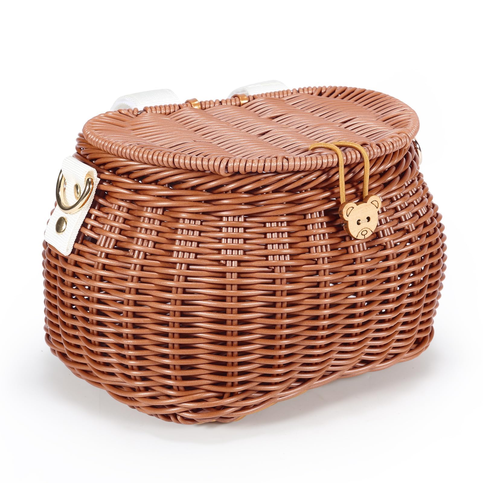 Kids Bike Basket Set, Bike Scooter Tricycle Basket, Children Cycling Basket, Children Bike Basket Handwoven Backpack with Lid Shoulder Strap, Rattan Basket, Front Handlebar Basket, Brown