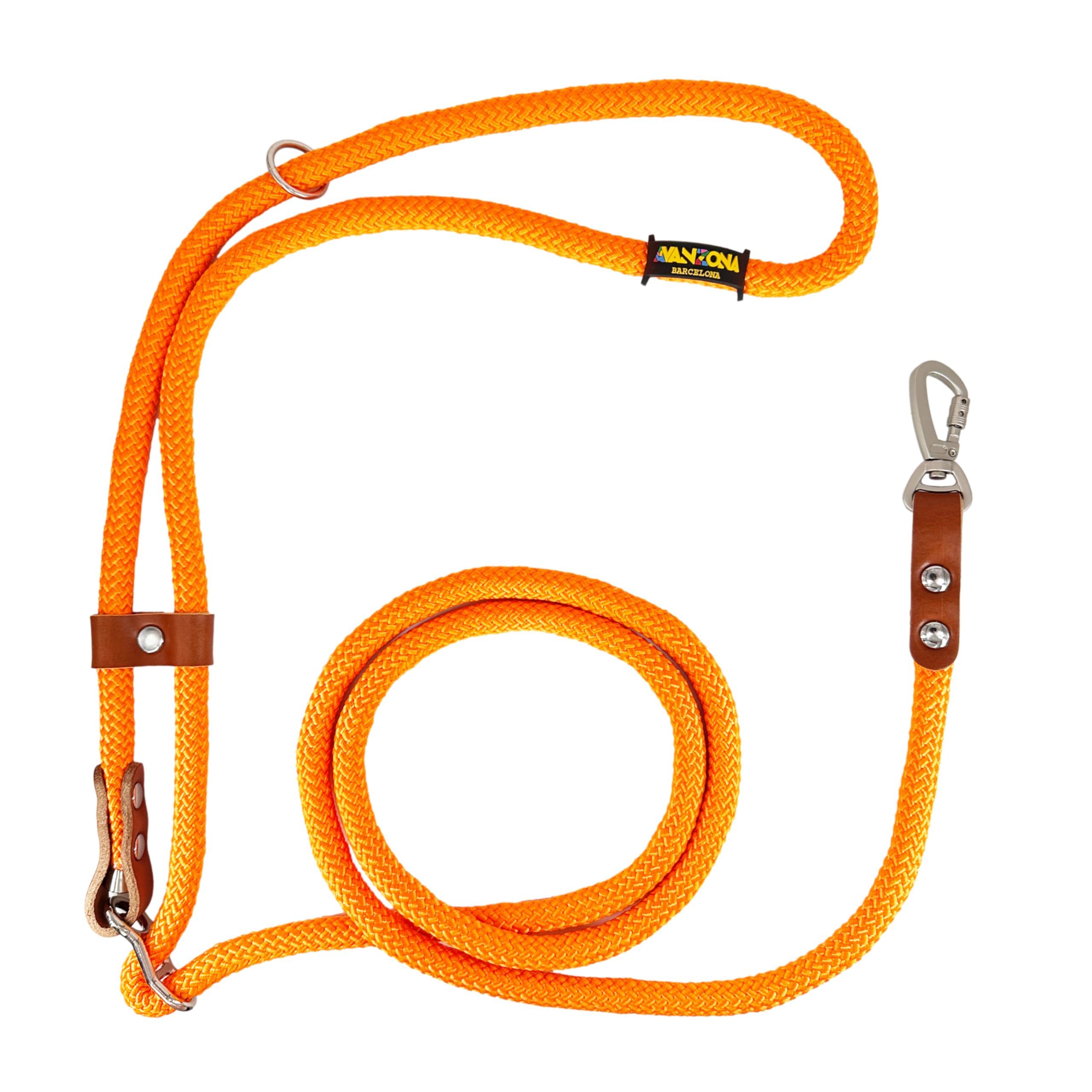 Dog Leash, Hands-Free, Adjustable, Handmade in Spain, for Small, Medium and Large Dogs. Orange & Cognac.
