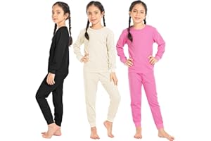Resinta 3 Sets Girls Waffle Thermal Underwear Set Winter Waffle Cotton Thermal Top and Bottom Long Johns Warm Base Layer