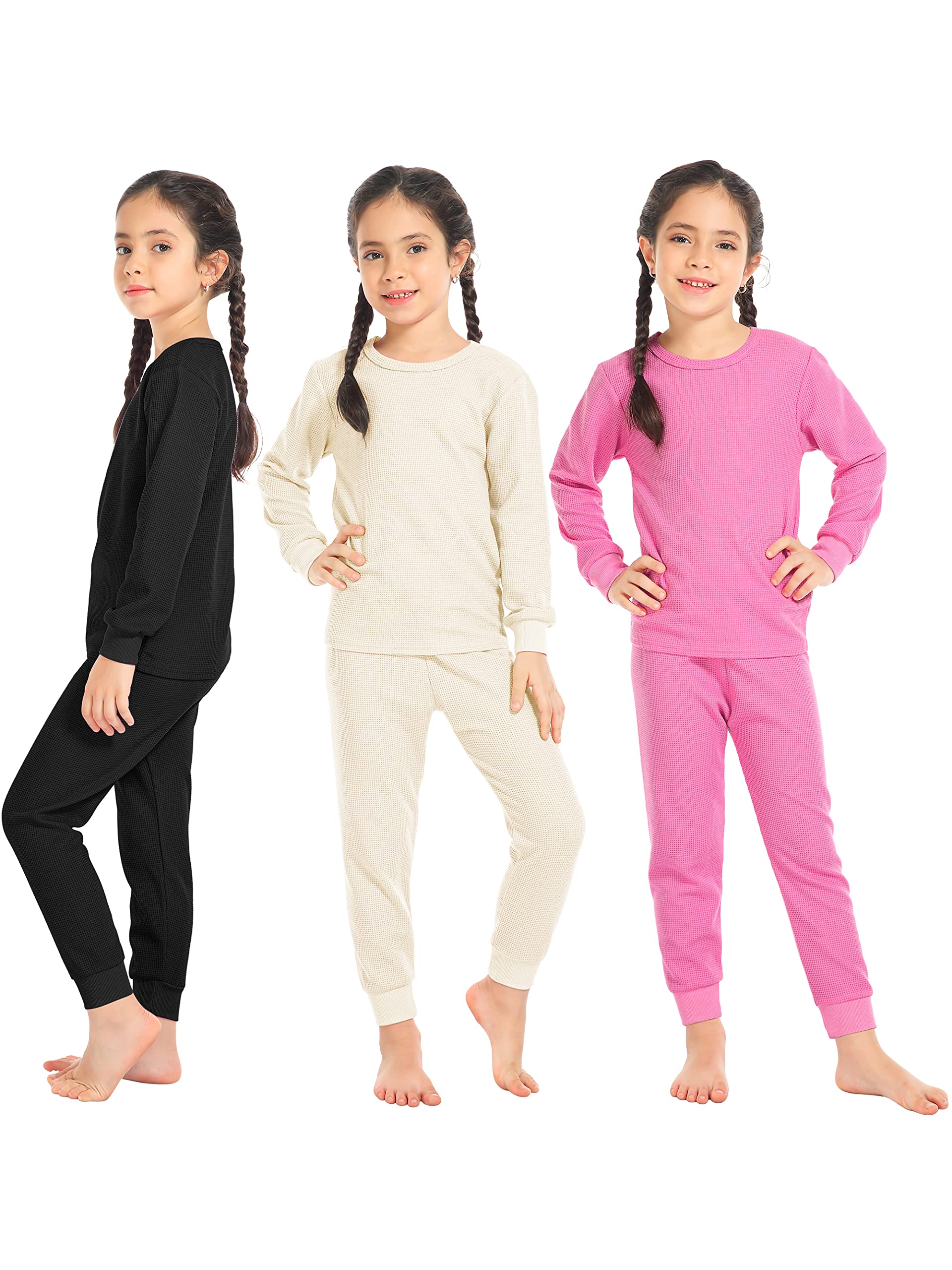Resinta 3 Sets Girls Waffle Thermal Underwear Set