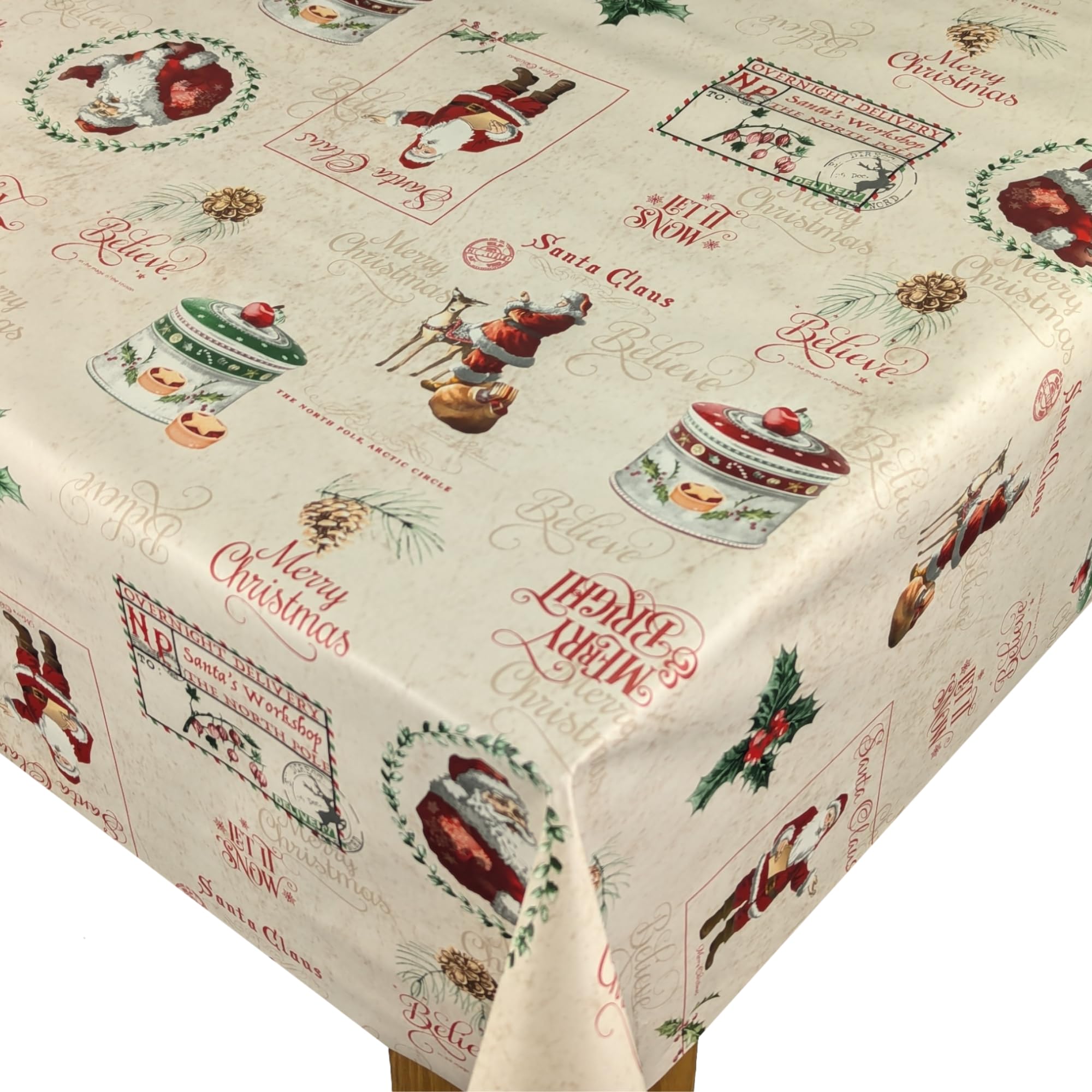 Karina Home Christmas Santa Claus Cream PVC Vinyl Wipe Clean Oilcloth Tablecloth (Cream, 200cm x 140cm)