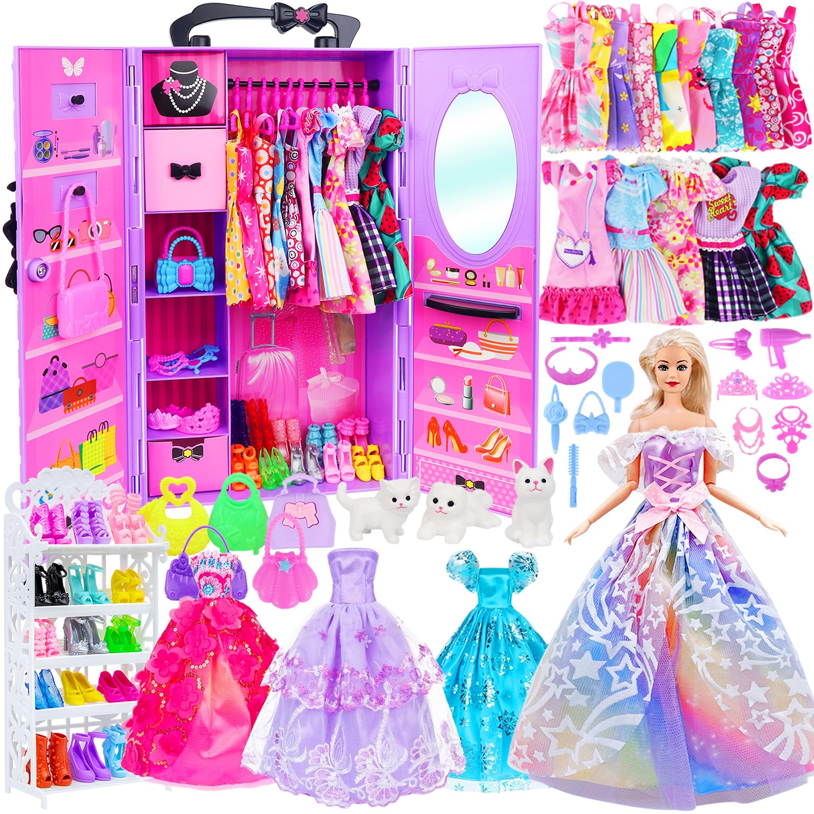 Photo 1 of AK KYC Girl Doll Clothes and Accessories Girl Doll Closet Wardrobe with Clothes, Dresses, Shoes and Other Girl Doll Stuff for 11.5 Inch Girl Doll Clothes as Gift Present for Girls (NOT Includ Doll)