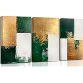 LHEAOED 3 Pcs Emerald Green and Gold Abstract Canvas Wall Art 16x24in | Modern Luxury Neutral Minimalist Green gold Abstract Picture Wall Decor Poster Print Artwork for Living Room Bedroom Office