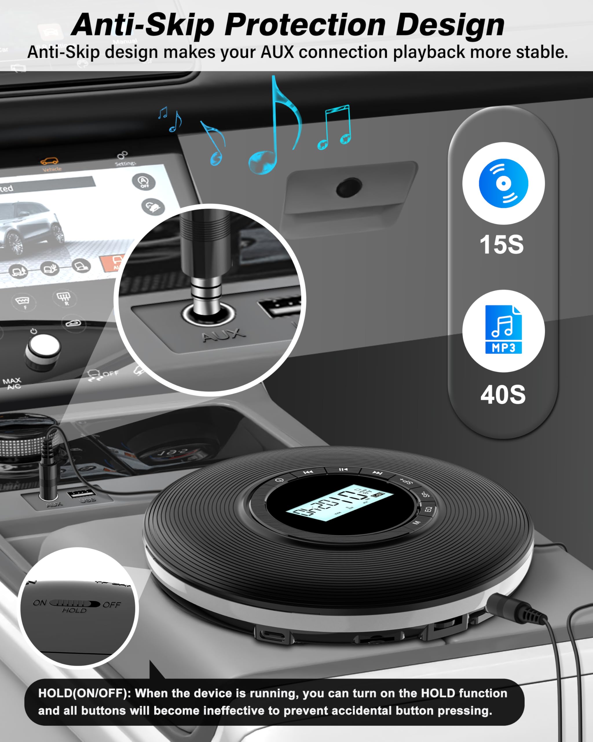 Sunoony Walkman CD Player,Portable CD Player for Car,Personal Disman CD Player with Headphones Jack,LCD Display,Anti-Skip,Aux-Out Cable/TF Slot,2*AA Batteries or Type-C Supply for Home,Travel and Car