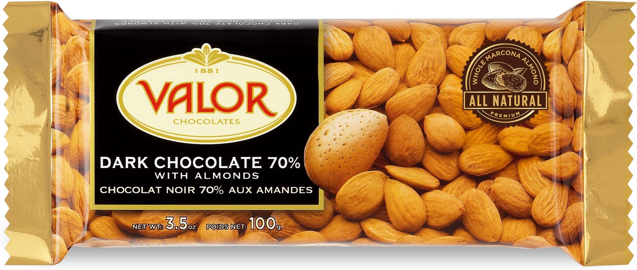 Valor Chocolates 70% Dark Marcona Almonds Bar, 3.7 Ounce