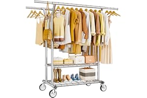 HYSEYY Heavy Duty Clothes Rack, Rolling Clothing Rack With Shelves Load 620 LBS, Double Rod Clothing Racks for Hanging Clothes, Portable& Adjustable Clothes Rack with Wheels Garment Rack