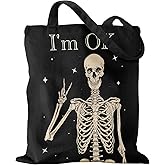 Miss Adola Aesthetic Canvas Tote Bag with Pattern for Women, Stylish Funny Goth Skeleton Spooky Skull Inspired Design, Casual Cloth Cotton Totes Bag for Vacation, Shopping, Grocery, Gym