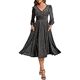 Ever-Pretty Women's Winter Semi Formal Wedding Guest Dress Long Sleeve Glitter Midi Christmas Party Dresses with Pocket