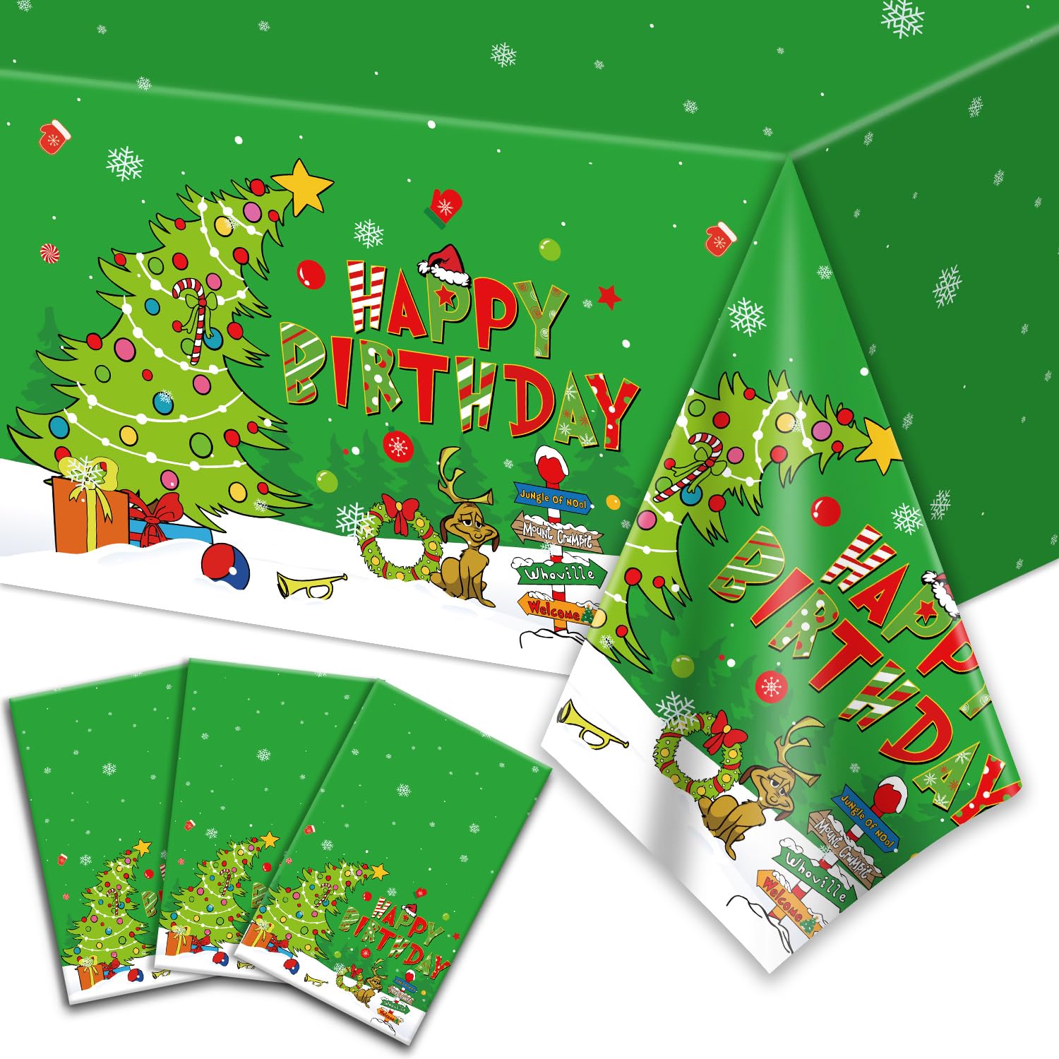 Photo 1 of 2Pcs Christmas Birthday Party Decorations Tablecloth, 108 x 54 Inch Happy Birthday Christmas Tablecloths Plastic Waterproof Rectangle Xmas Table Covers for Winter Holiday Xmas Party Table Decorations