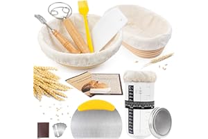Banneton Bread Proofing Basket Set – 9" & 10" Sourdough Bread Making Kit with Linen Liners, Dough Whisk, Bread Lame, Scrapers