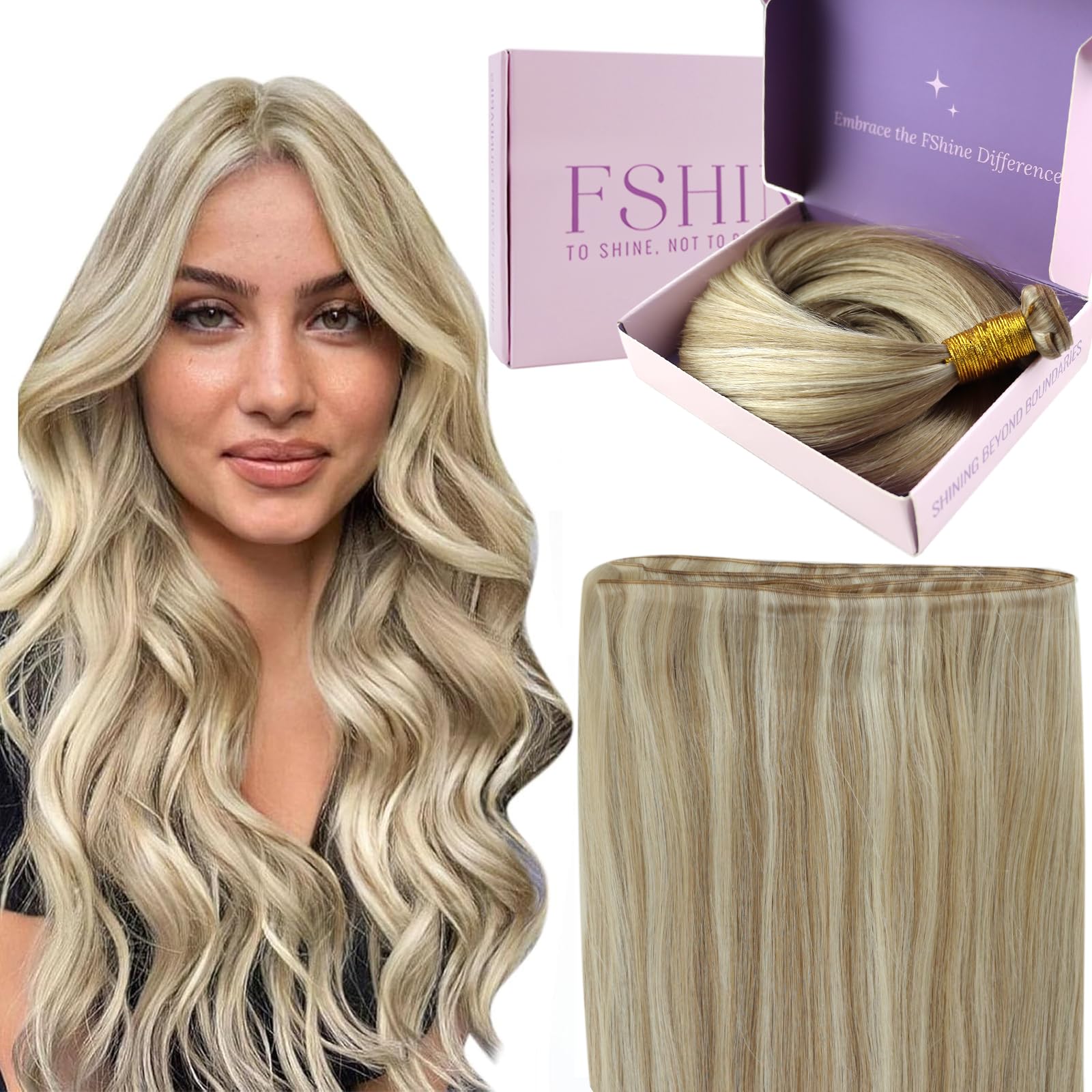 Fshine Weft Extensions Human Hair 50 Gram 14 Inch Highlight Dirty Blonde and Platinum Blonde Exteneion Sew in Human Hair Straight Extensions Real Extension Bundles Genius Weave — image 1