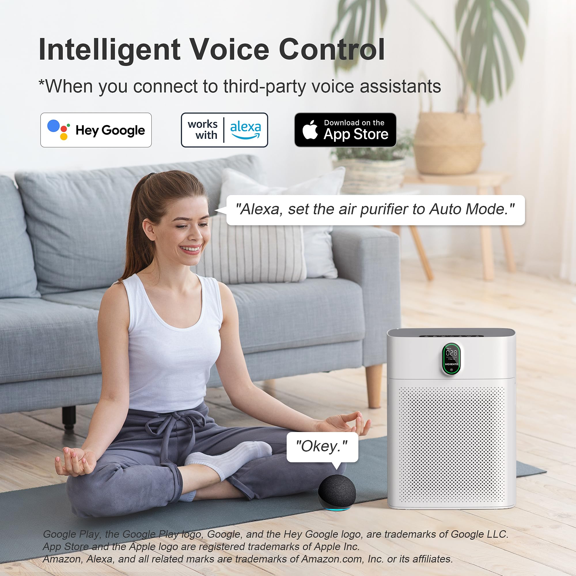 MORENTO Air Purifier for Home Large Room Bedroom Up to 1076 ft², Wi-Fi and Alexa Control, PM2.5 Air Quality Monitor, Auto Mode, HEPA Filter Removes Dust, Pollen, Smoke 1 Pack, White