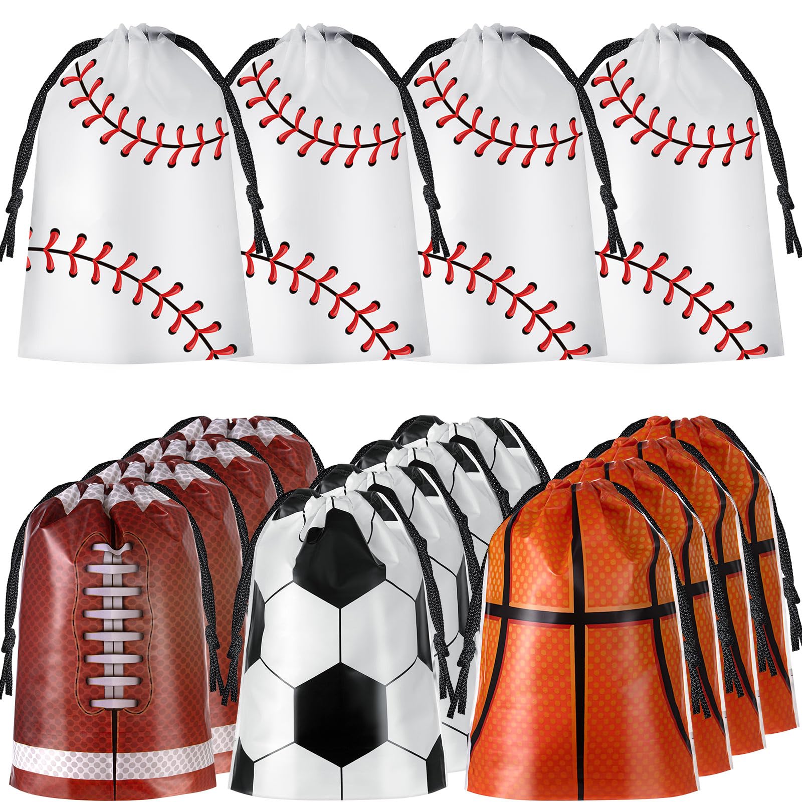 Photo 1 of ** UNKNOWN AMOUNT ** Flutesan Sports Goodie Bags 6 x 8 Inch Baseball Soccer Football Basketball Rugby Drawstring Bags Bulk Plastic Backpacks for Sports Themed Party Favors Snack Candy Treat Gift Supplies