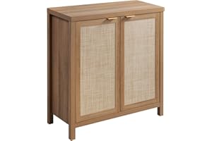 SICOTAS Sideboard Buffet Cabinet with Large Storage - Boho Rattan Credenza Coffee Bar Cabinets with Adjustable Shelves, Buffet Console Table for Kitchen Living Room Hallway - Oak