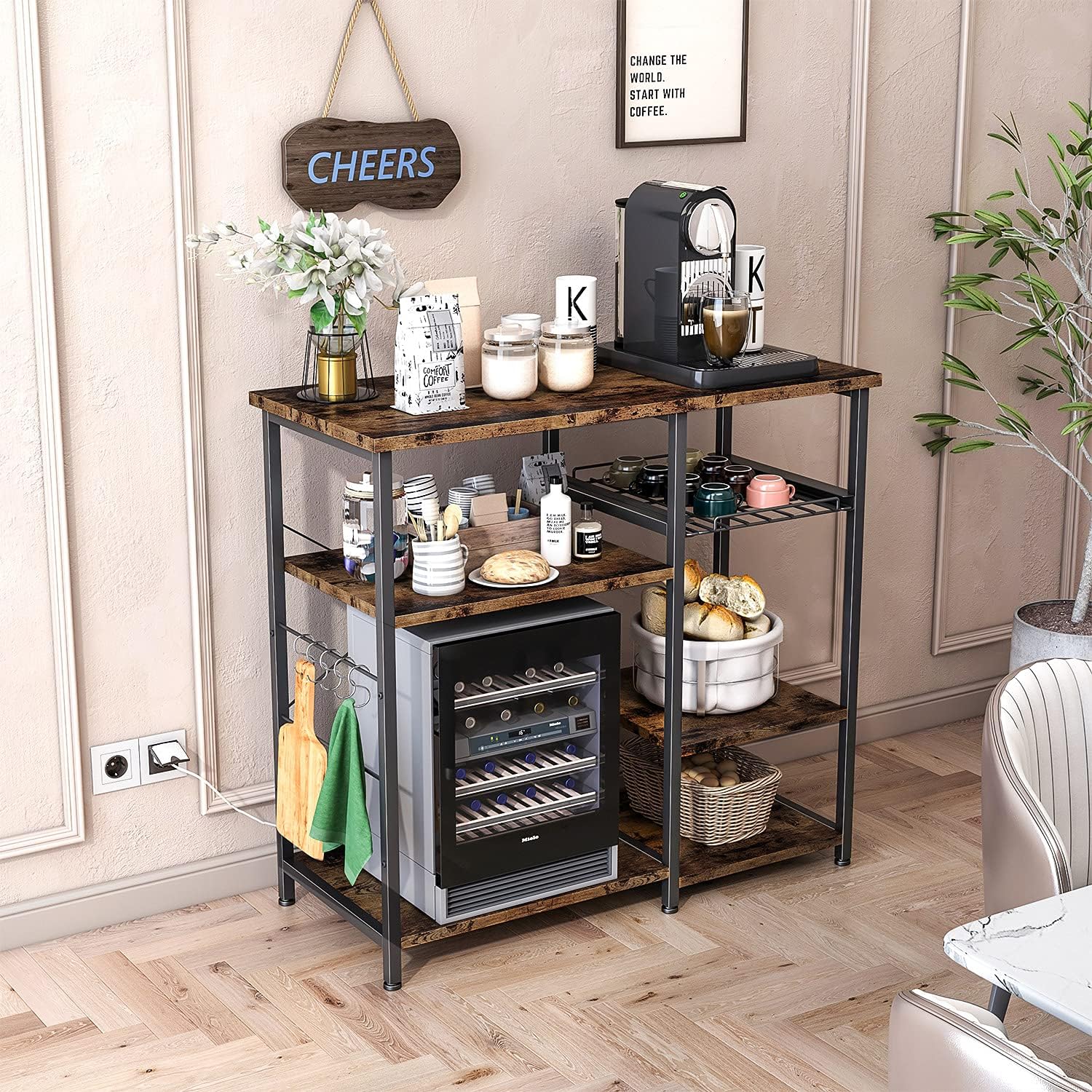 ODK Kitchen Bakers Rack, Utility Storage Shelf Microwave Oven Stand, 3-Tier+3-Tier Coffee Bar Table with 10 S-Shape Hooks for Spice Rack Organizer Workstation, Rustic Brown - Standing Baker's Racks