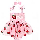 DLLYING Baby Girl First Birthday Outfit Summer Sleeveless Smocked Fairy Berry One Romper Tulle Dress + Headband