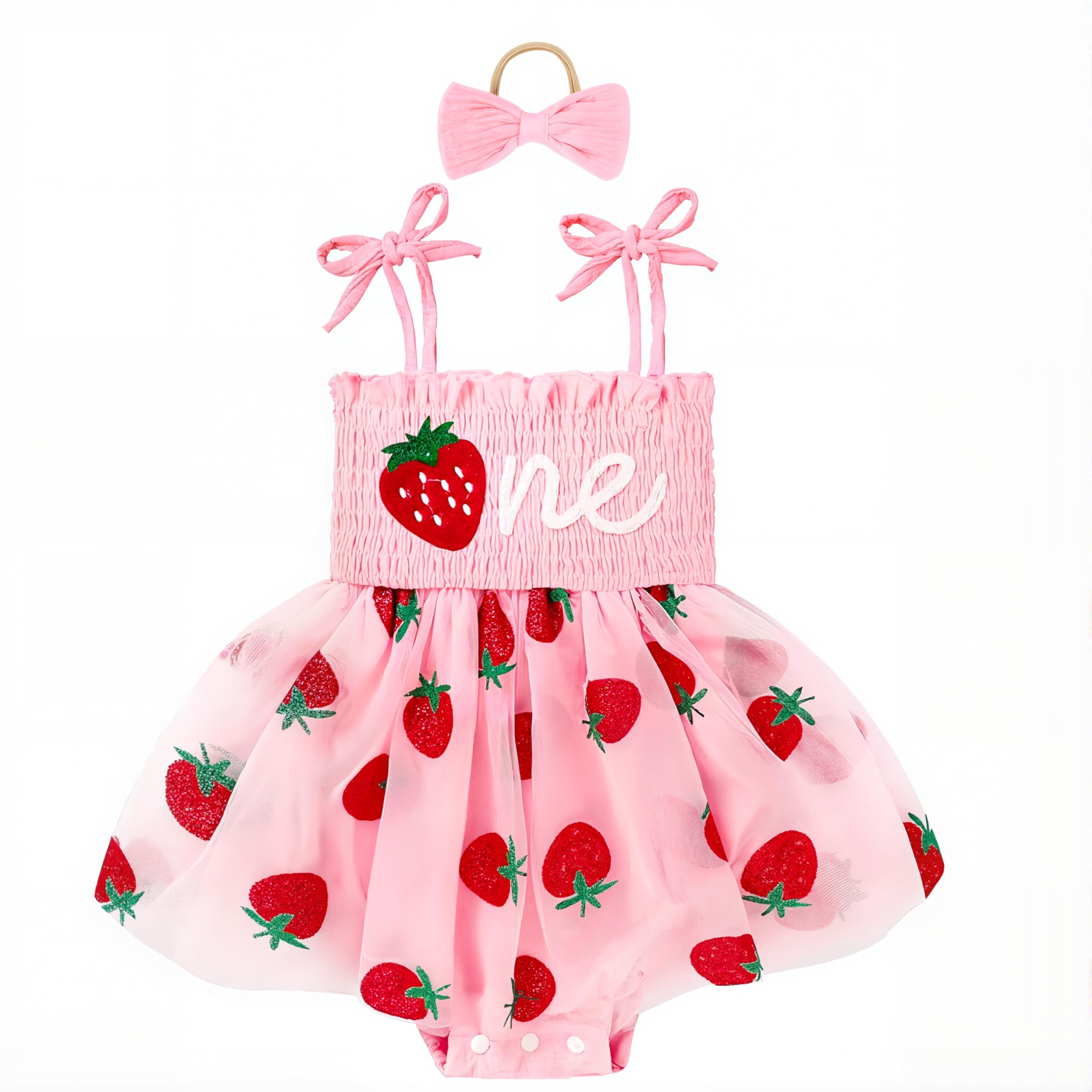 Photo 1 of *MINOR DAMAGE - USED*
DLLYING 1st First Birthday Outfit Girl Baby Summer Sleeveless Smocked Fairy Sweet 1 One Year Old Onesie Bodysuit Romper Tulle Dress + Headband Cake Smash Photo Shoot Clothes Rose Red Berry 1 Year