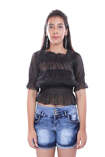 Buy Style Vastram Women S Black Colour Tissue Fabric Top With