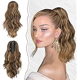 SOFEIYAN 14" Ponytail Extension, Short Wavy Claw Clip in Ponytail Hair Extension Synthetic Hairpieces Honey Blonde Mix Light Brown Layered Natural Fluffy Curly Drawstring Ponytail Hair Piece for Women
