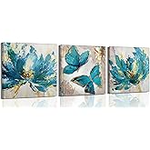 3Pcs Blue Gold Abstract Floral Canvas Wall Art Modern luxury Elegant Butterflies and Flowers Painting Picture Wall Decor Poster Print Artwork for Living Room Bedroom Home Decoration