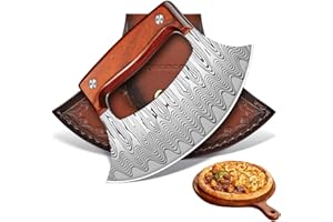 ROCOCO Pizza Cutter Ulu Knife – Full Tang Damascus Mezzaluna Rocker Chopper with Sheath for Kitchen, Camping, BBQ - Ideal Kit