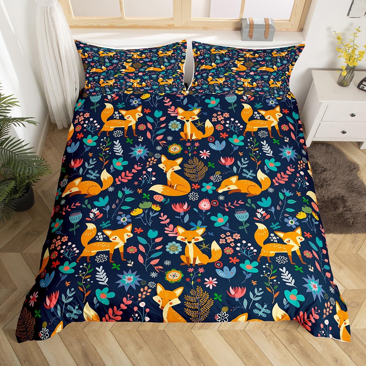 Cartoon Fox Duvet Cover Botanical Floral Bedding Set 3D Animal Comforter Cover for Boys Girls Kids Woodland Fox Nature Bedding & Linen King Size With 2 Pillow Case — image 1